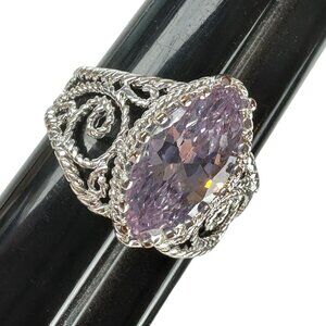 Marquise Lavender Glass Ring Intricate Silver Filigree Size 8.75